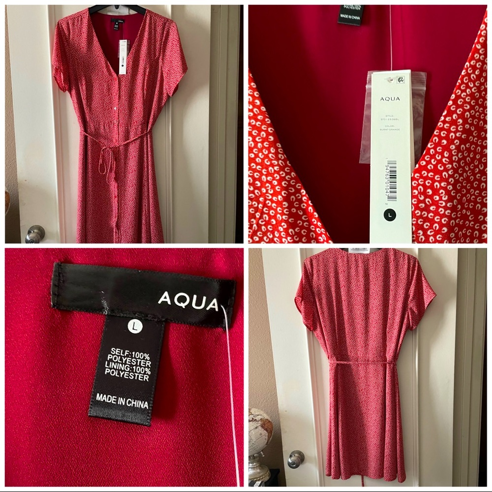 Bloomingdale’s Aqua Knee Length Button Up Red Dress w/ White Dot Pattern